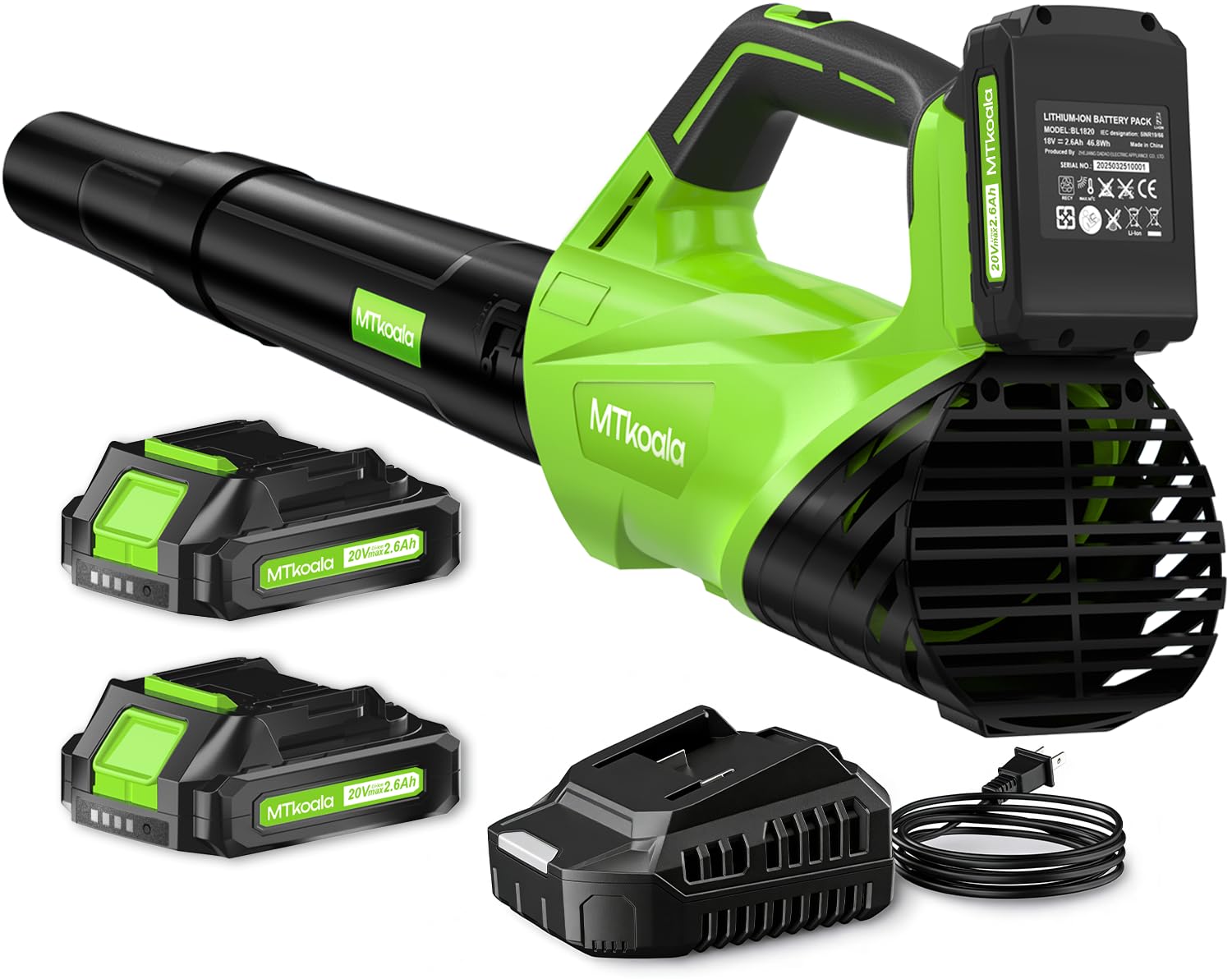 Budget cordless leaf blower green with two 2.6Ah batteries included