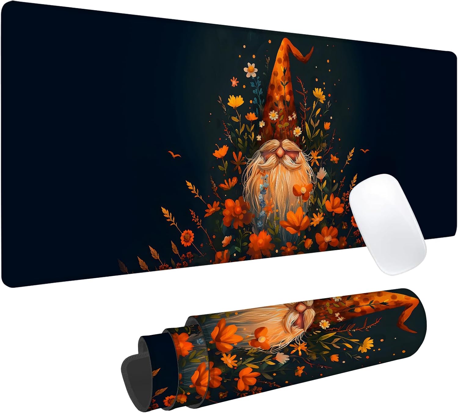 Autumn Gnome Floral Gaming Mouse Pad, Office Desk Mat, Anti-Slip Rubber Base Cool Aesthetic Mouse Pads for Computer Laptop Keyboard School Home Desktop Gamer Home Accessories Decor 31.5" x 11.8"