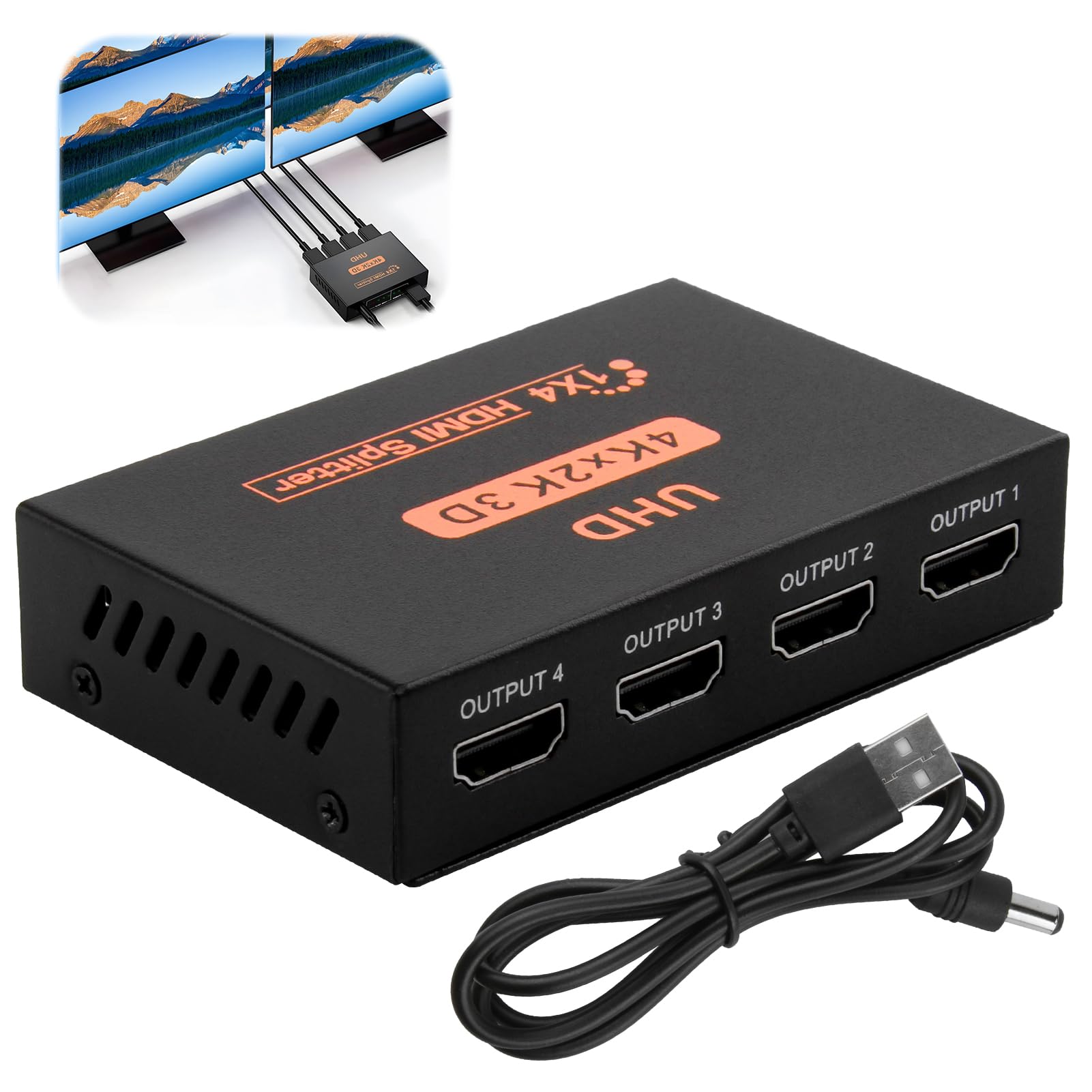 L'Puluva HDMI Splitter 1x4 – 4K 30Hz, Für 4 Monitore, Nur Spiegelmodus, Inkl. Micro-USB-Kabel