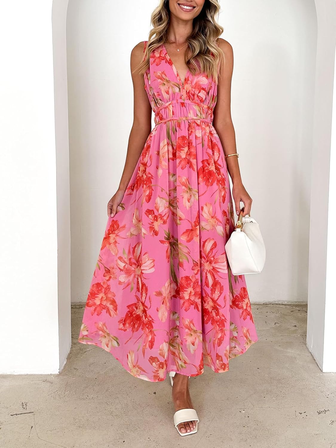 Womens 2025 Summer Sleeveless V Neck Boho Long Dress Floral Print Midi Sundresses Floral Pink Large - Image 3