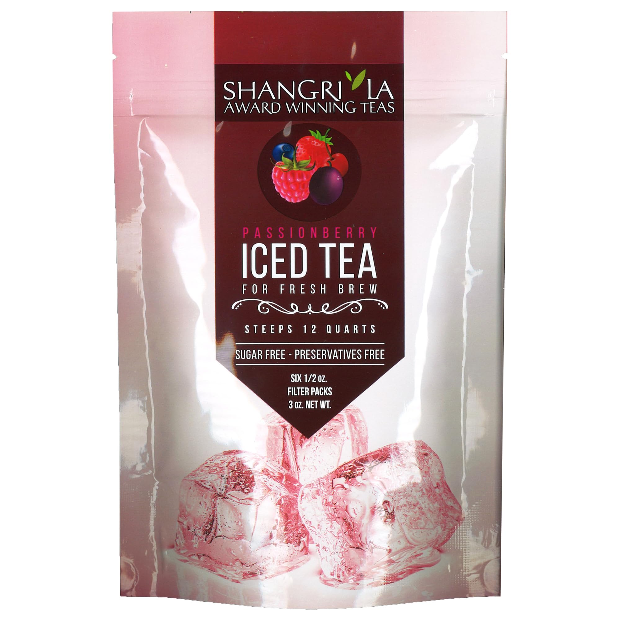 Shangri-La Tea Company Iced Tea Bags, Passion Berry Black Tea, Unsweetened and All Natural, 2 Quarts per Filter Pack, Bag of 6, 1/2 oz Tea Bags (5056)