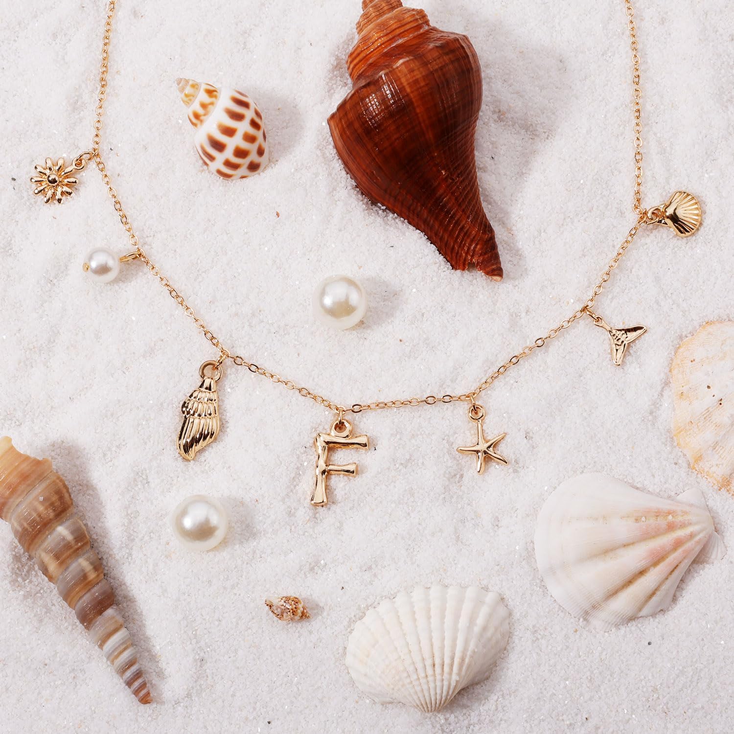 Initial Charm Necklace for Women, Gold Shell Letter Necklaces Seashell Starfish A-Z Alphabet Pendant Necklace Boho Summer Beach jewelry Gift (F) image 4