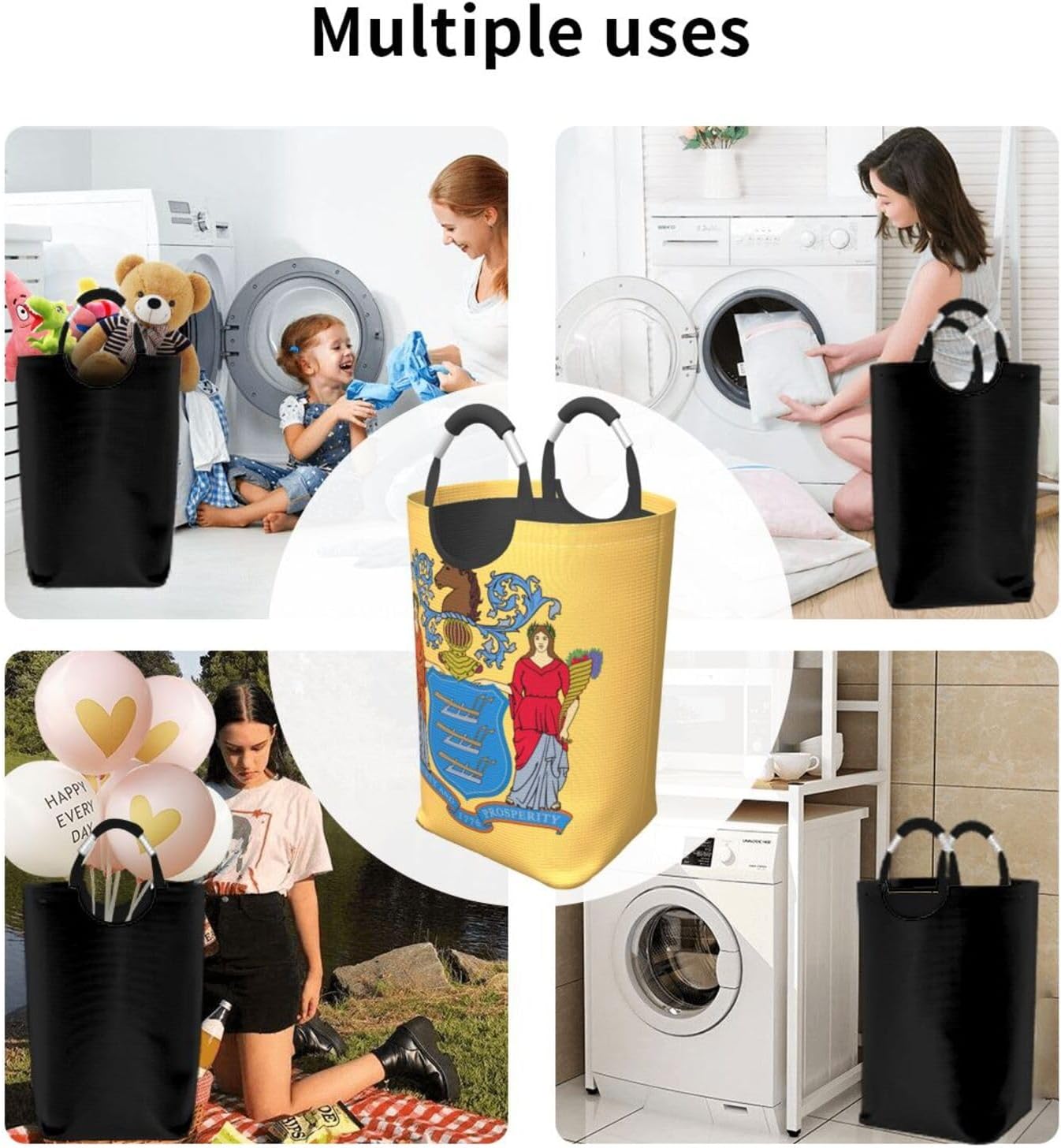 Flag Of New Jersey Print Laundry Hamper With Handle, Large Laundry Bags Collapsible Dirty Clothes Basket For Bathroom