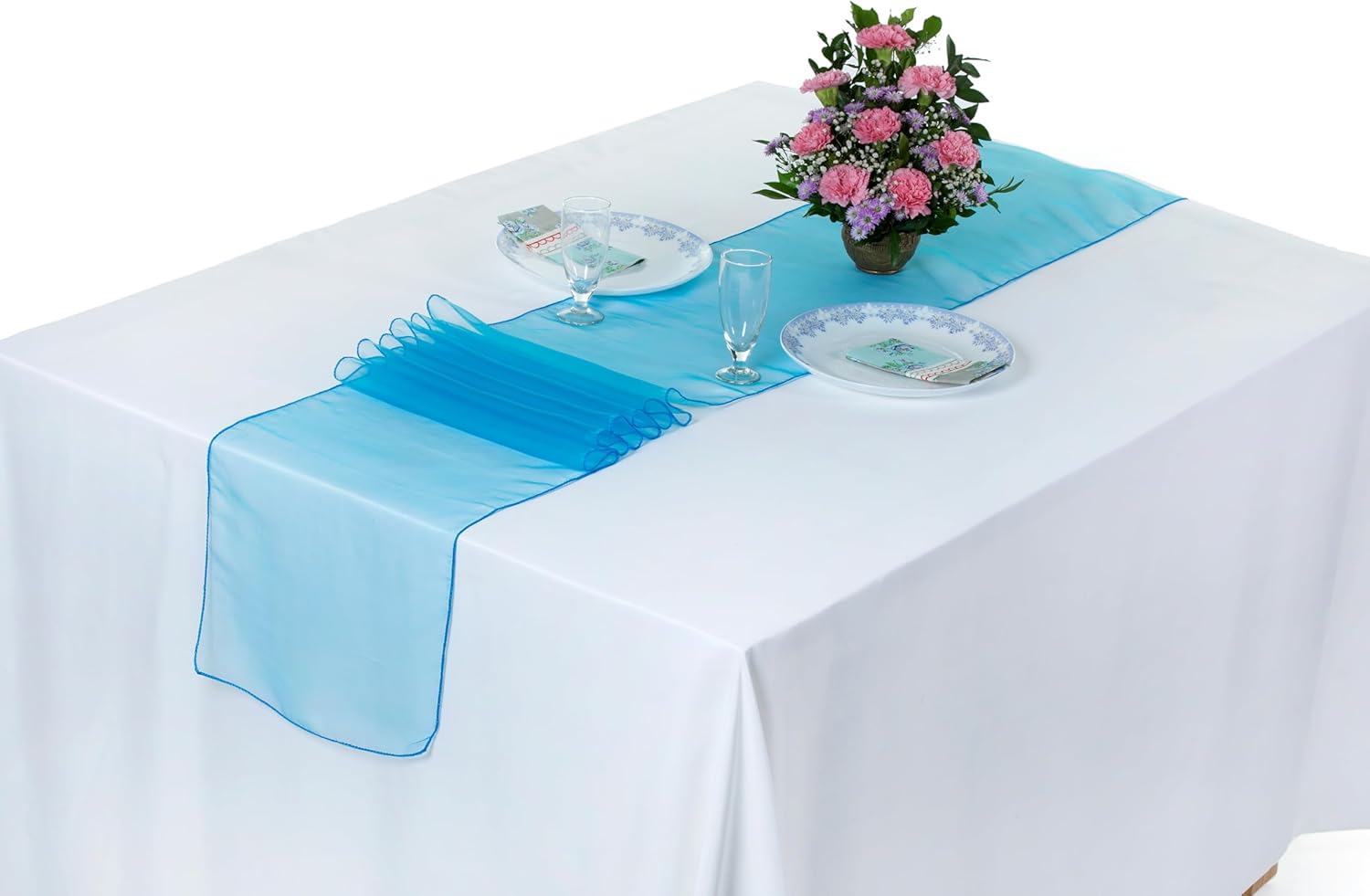 MDS 10 Pack Organza Table Runner 12 x 108 inch Long Premium Table Runners for Wedding Party, Events Decoration, Banquets Decorations, Bright and Smooth Silk Fabric Party Table Runner- Blue