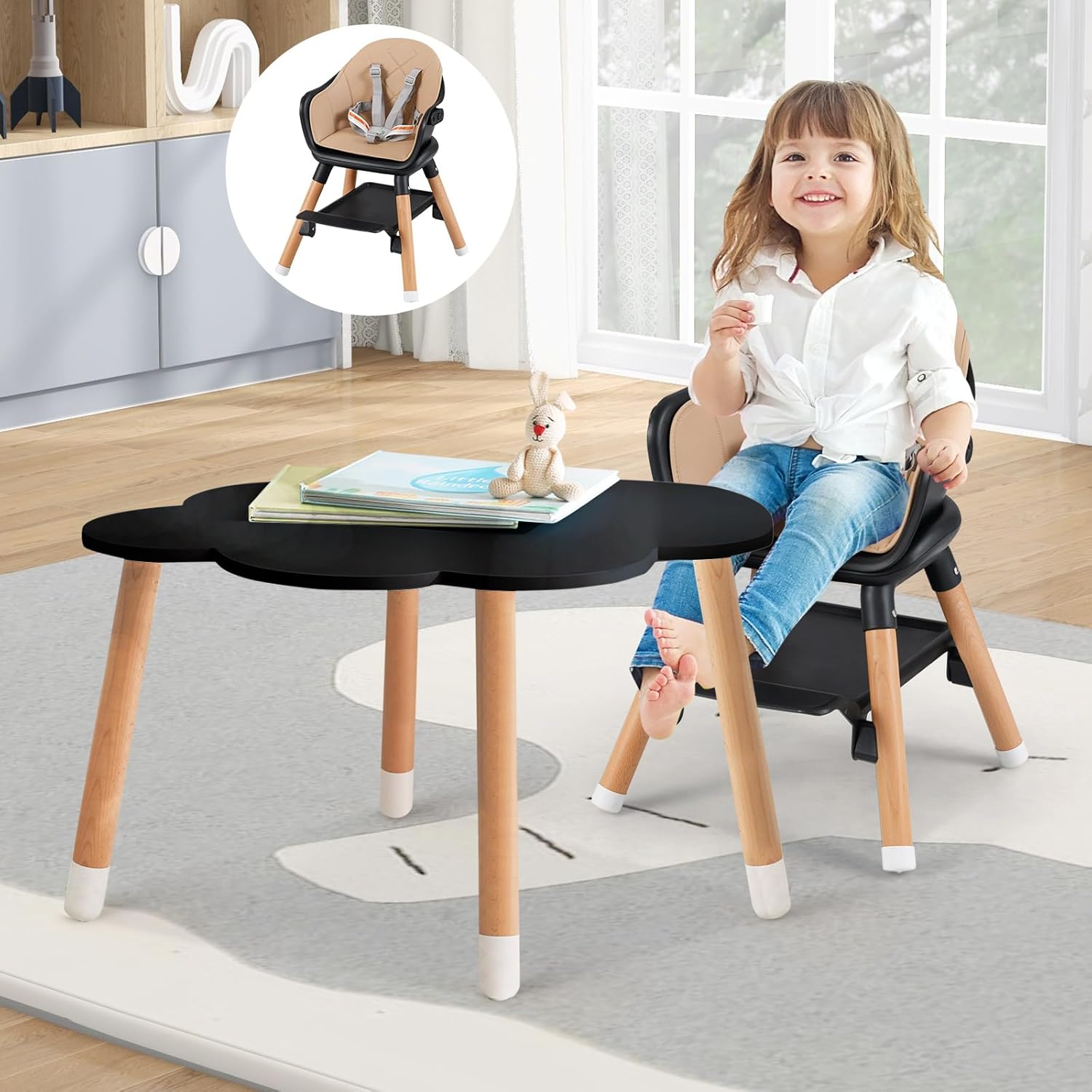 HONEY JOY Baby High Chair, 6 in 1 Convertible Wooden Highchair for Babies and Toddlers/Chair/Bar Stool, Removable Double Tray & Reversible Footrest, Safety Harness for Infant Boys Girls (Coffee)