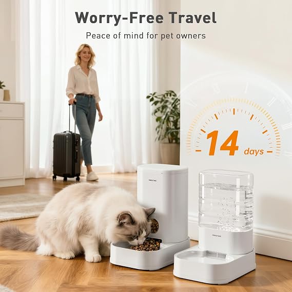 2 Pack Gravity Cat Feeder and Water Dispenser 1 Gallon/3.5L Automatic Cat and Dog Feeder and Watererer with Pet Food Bowl for Puppy Kitten Rabbits