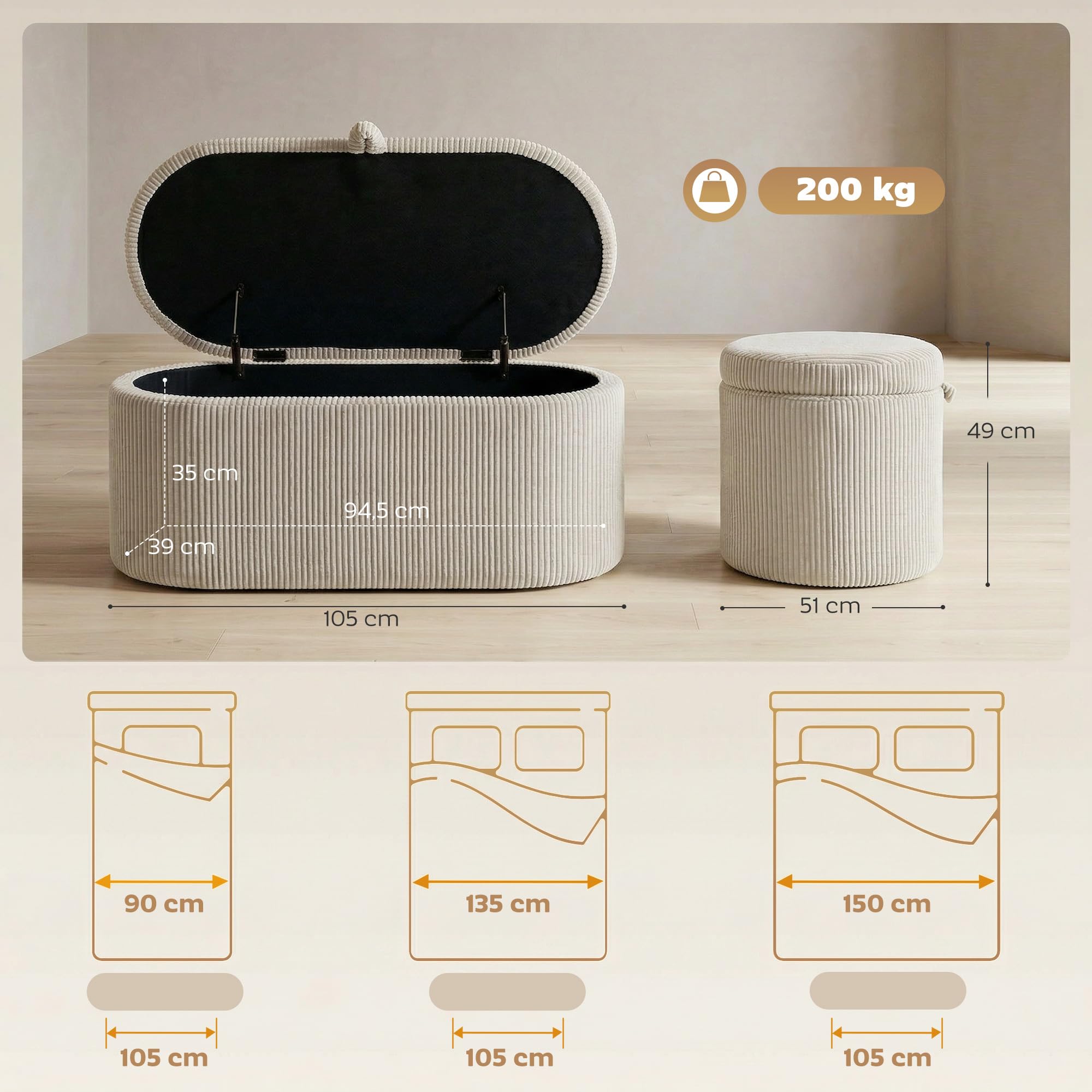 HOMCOM Sitzbank mit Stauraum Polsterbank 105 x 51 x 49 cm mit Holzrahmen, Streifenstruktur, Cord-Optik, Sitztruhe mit Doppelscharniere Bank bis 200 kg für Wohnzimmer, Schlafzimmer, Flur, Beige