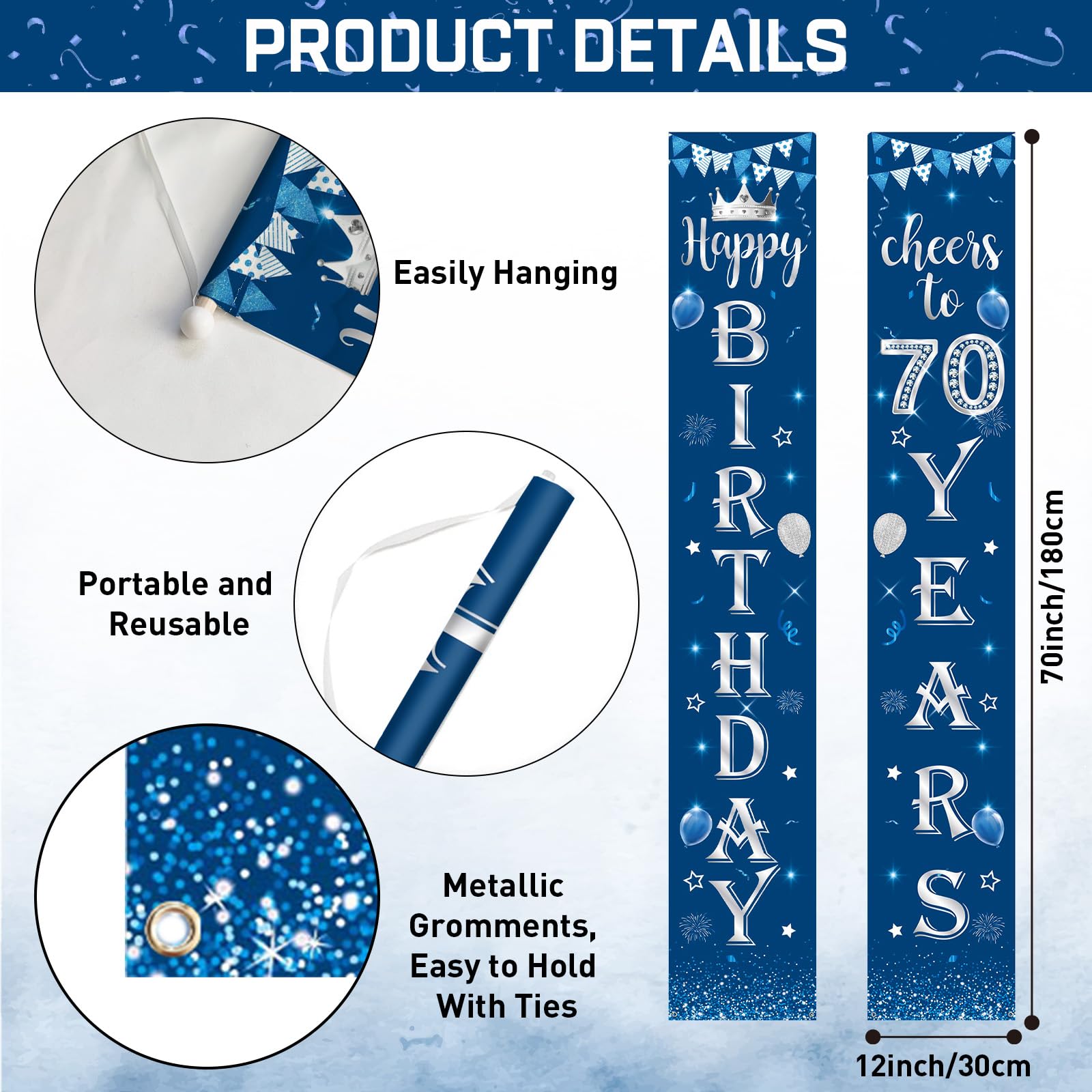 70th Birthday Decorations Kit - Blue Silver, Happy Birthday Door Banner & Porch Sign, Triangle Flags for Men's 70th Party