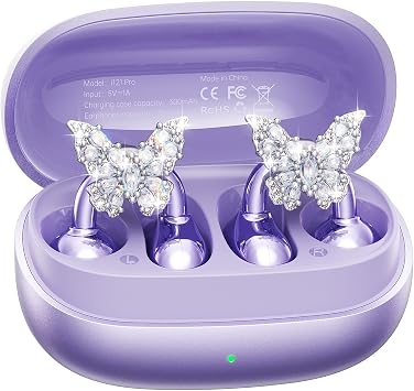 Kinglucky Gen2 Clip-On Earbuds with Butterfly Earrings, Charge & Store Without Removing Earrings, Comfortable Fit & 40H Playtime Bluetooth Open Ear Headphones for Women, Small Ears, Gifts Purple
