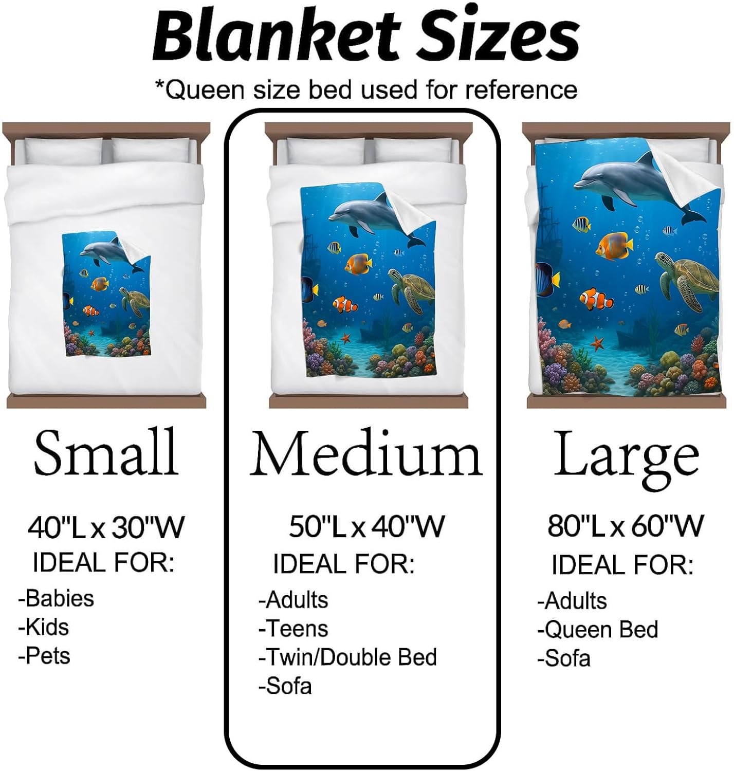 Ocean Blanket Colorful Underwater Scene with Dolphin Turtle Fish and Coral Reef Throw Blankets Lightweight Flannel Throws for Camping Couch Office Bed Home Decor Gifts for Adults,60x50inch
