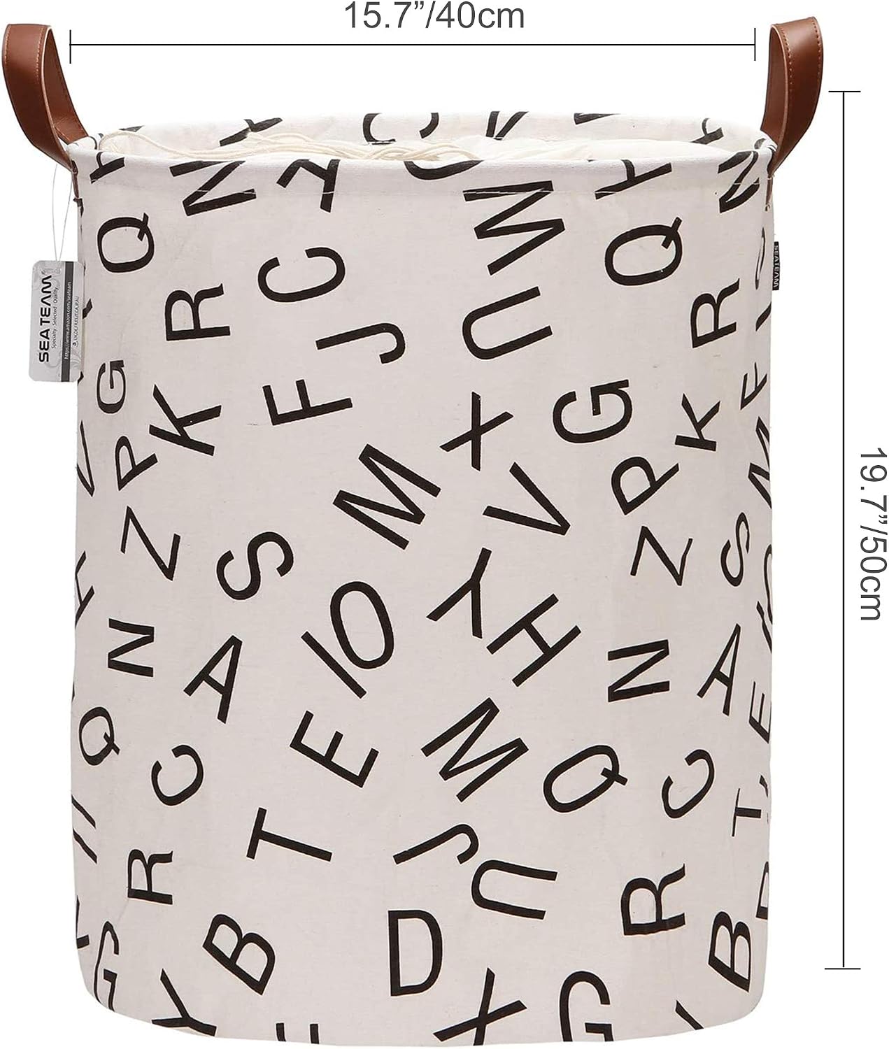 Sea Team Letter Pattern Laundry Hamper Canvas Fabric Laundry Basket Collapsible Storage Bin with PU Leather Handles and Drawstring Closure, 19.7 by 15.7 inches, Black