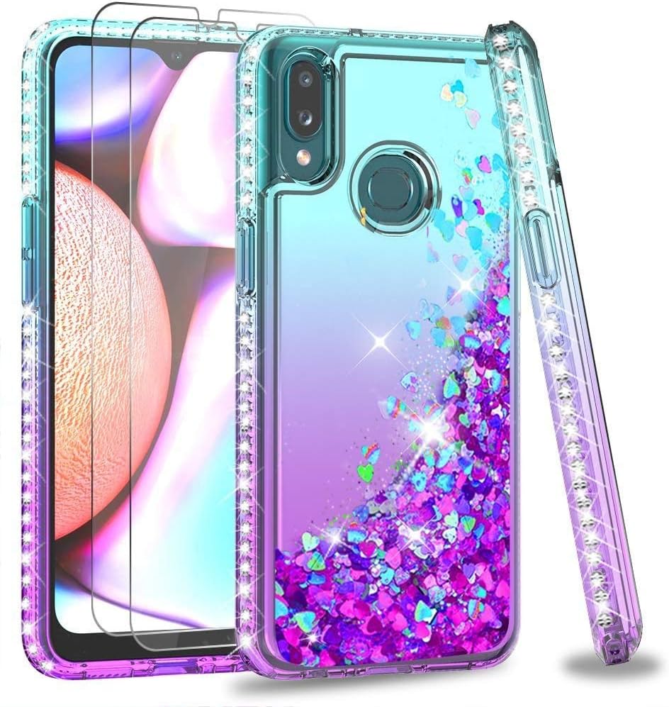 LeYi Compatible with Samsung Galaxy A10S Case (Not Fit Galaxy A10/A10E) with 2PCS Tempered Glass Screen Protector for Girls Women, Glitter Clear Phone Case for Samsung A10S Teal/Purple