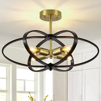 Semi Flush Mount Ceiling Light Chandelier 20 Black and Gold Modern Light Fixtures Ceiling 4-Light Farmhouse Chandelier Style Flower Shape for Bedroom,Kitchen,Porch,Hallway