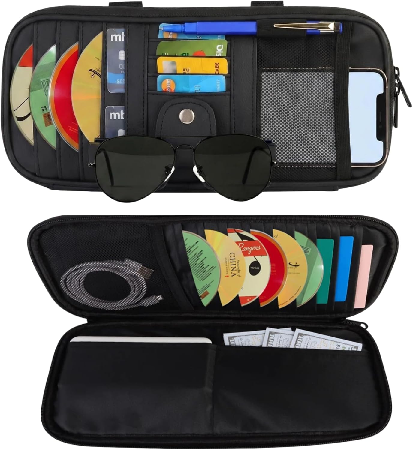 Car Visor Organizer,Car CD Case Holder,Multi-Pocket Organizer Storage Bag for Car/SUV/Truck with 13 DVD Storage Sleeves,Sunglass Clip,Card Holder,Pen Holder,Visor Accessories,Car Organizer