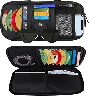 Car Visor Organizer,Car CD Case Holder,Leather Multi-Pocket Organizer Storage Bag for Car/SUV/Truck with 13 DVD Storage Sleeves,Sunglass Clip,Card Holder,Pen Holder,Visor Accessories,Car Organizer