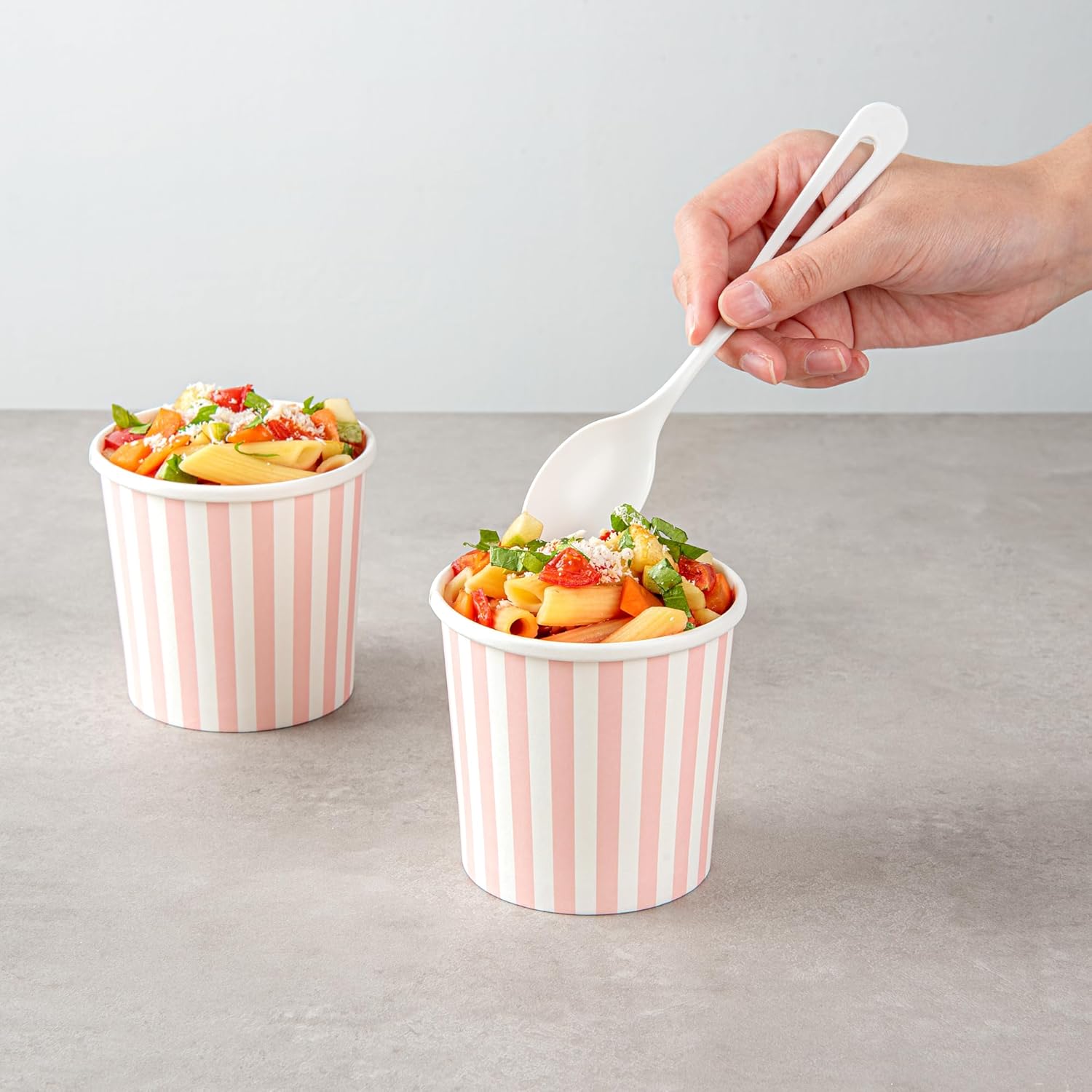 Restaurantware Bio Tek 12 Ounce Soup Containers 200 Durable Soup Bowls - Disposable Sustainable Pink And White Paper Soup Cups Striped Round For Hot Or Cold Foods