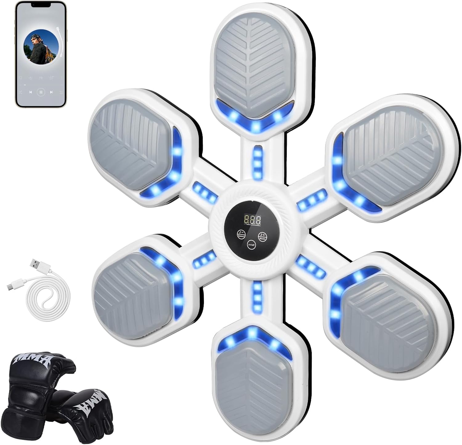 KT THERMO Music Boxing Machine for Adults and Kids, Bluetooth Music Punching Machine with Gloves, Interactive Punching Trainer, 9 Modes & 9 Speeds, White