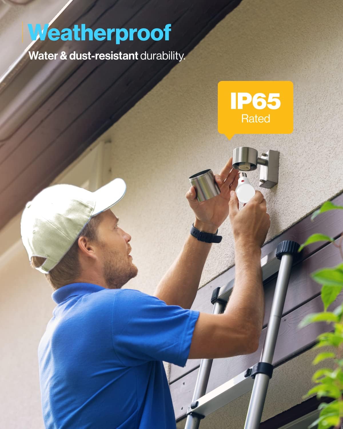 A person installing a Sunco A19 bulb into an outdoor wall fixture, highlighting its weatherproof design.