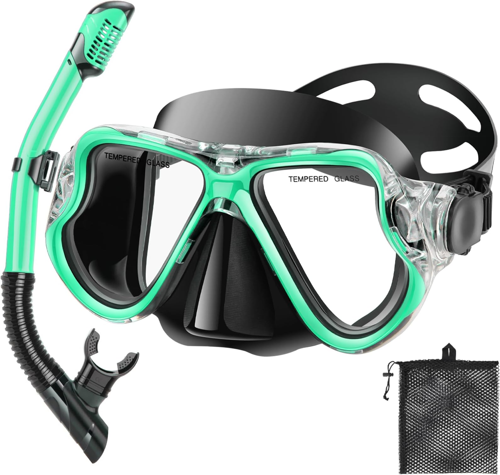 Snorkeling Gear for Kids, Dry Snorkeling Set, Panoramic Anti-Leak and Anti-Fog Tempered Glass Lens, Adjustable Strap Snorkel Set with Mesh Bag Ear Plug for