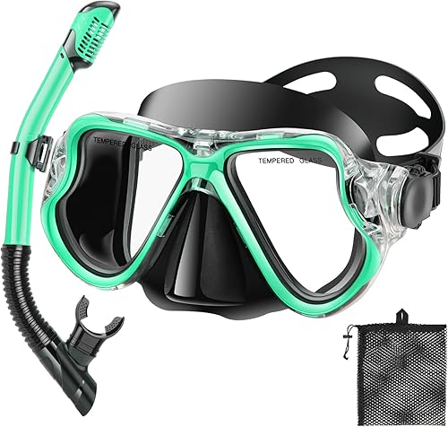 PIYAZI Snorkeling Gear for Adults Kids, Dry Snorkeling Set, Panoramic Anti-Leak and Anti-Fog Tempered Glass Lens, Adjustable Strap Snorkel Set with