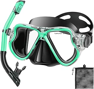 Snorkeling Gear for Adults Kids, Dry Snorkeling Set, Panoramic Anti-Leak and Anti-Fog Tempered Glass Lens, Adjustable Strap Snorkel Set with Mesh Bag Ear Plug for Snorkeling Scuba Diving Travel