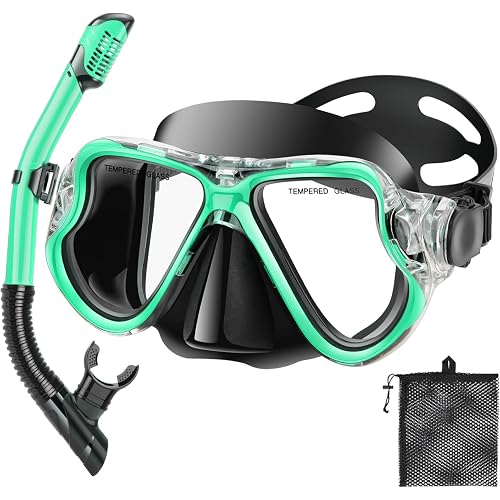Snorkeling Gear for Adults Kids, Dry Snorkel Set, Panoramic Wide View, Anti-Leak Anti-Fog Tempered Glass Snorkel Gear, Adjustable Strap & Free Breathing for Snorkeling Scuba Diving Travel