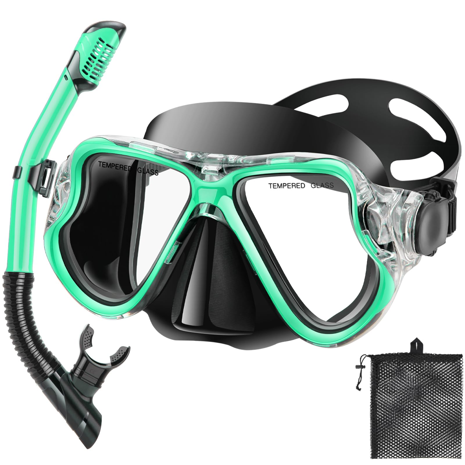 Snorkeling Gear for Adults Kids, Dry Snorkeling Set, Panoramic Anti-Leak and Anti-Fog Tempered Glass Lens, Adjustable Strap Snorkel Set with Mesh Bag Ear Plug for Snorkeling Scuba Diving Travel