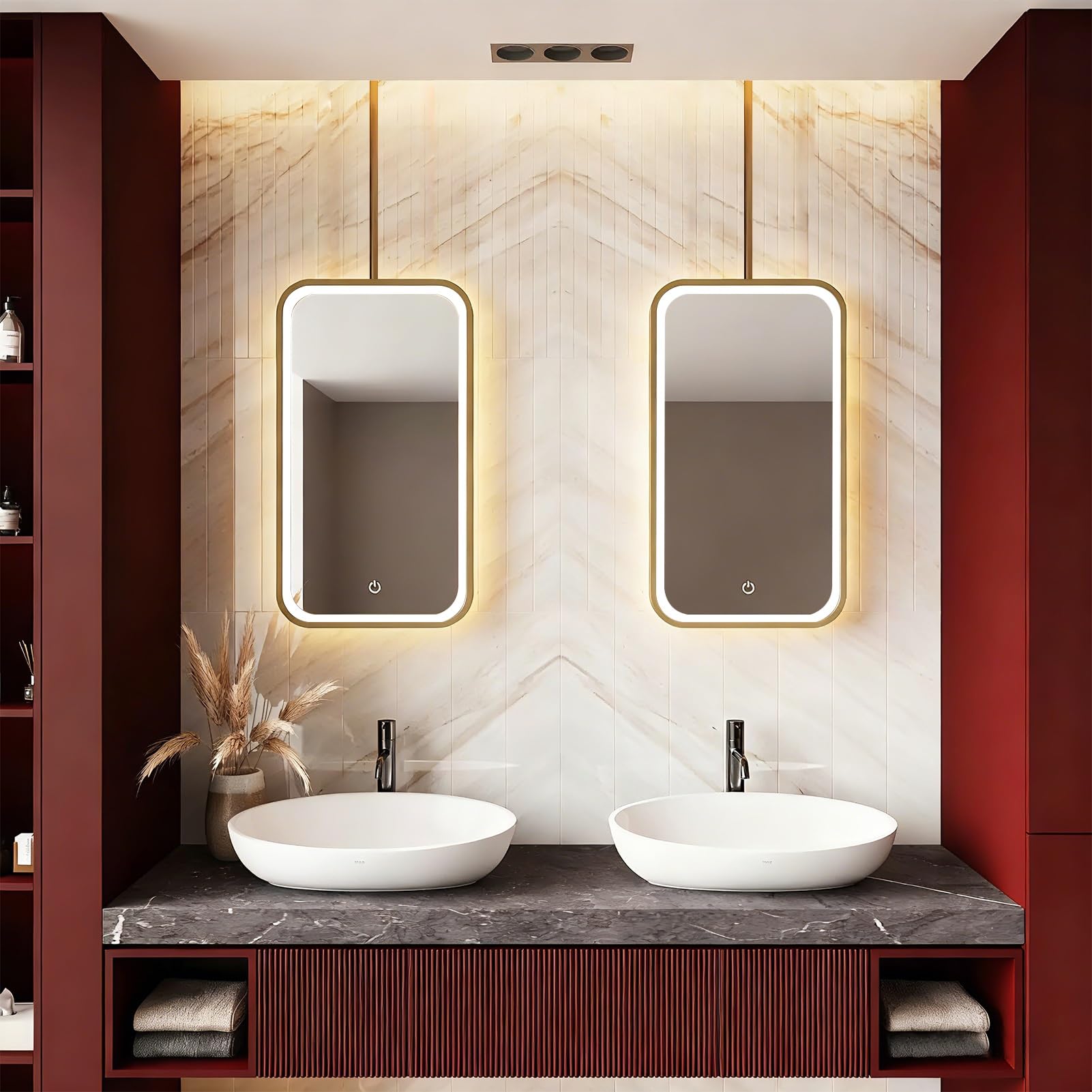 FGXHHS Rectangular LED Mirror with Light，Ceiling Mounted Vanity Make-up Mirrors Wall Bathroom for Over Sink，3 Colours Dimmable Decorative Hanging Mirrors，Gold(50cmx70cm)