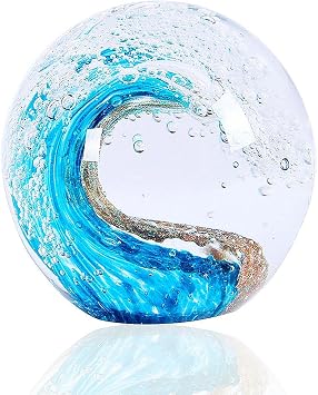 EUSTUMA Hand Blown Glass Figurines Ball Ocean Waves,Office Paperweight Glass for Desk,Home Decor Collectible,Aquarium Decor,Office Decor Ocean Lovers Waves