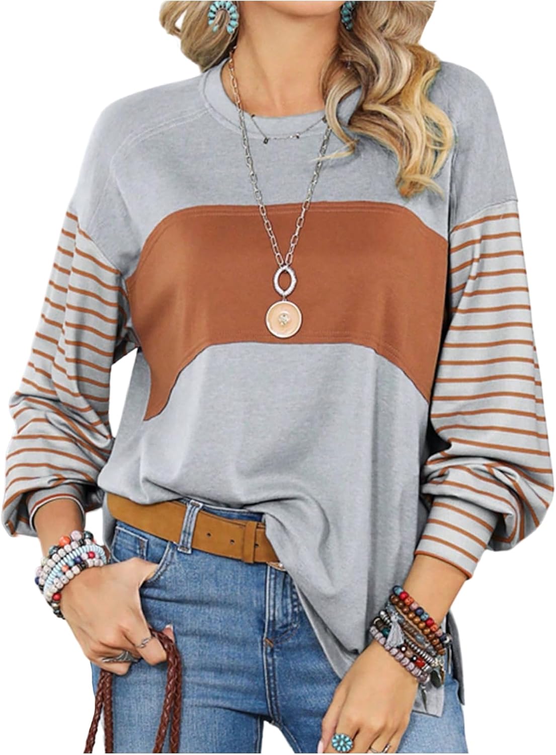 WDIRARA Women's Striped Color Block T Shirts Lantern Long Sleeve Crew Neck Tee Tops