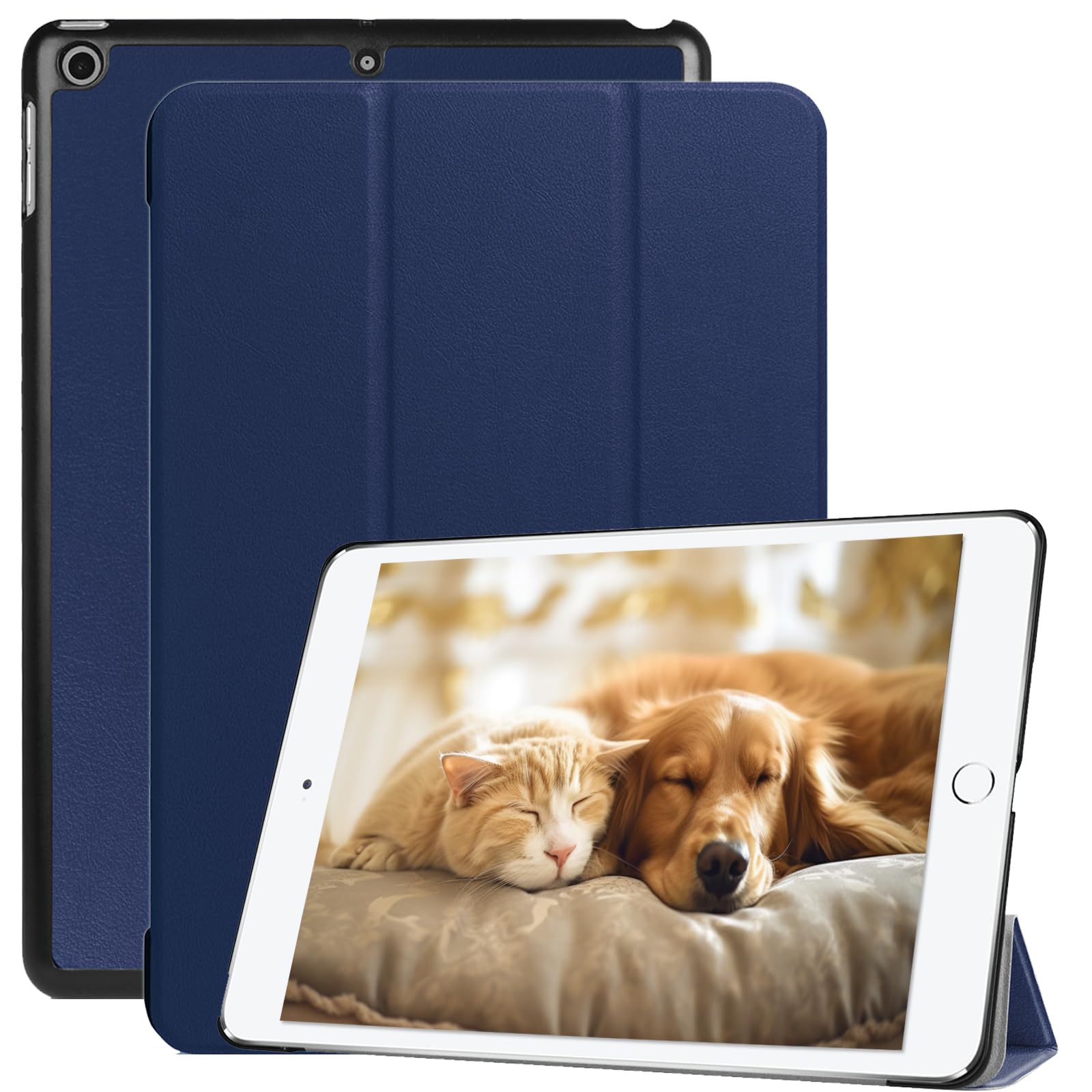 iPad ケース 9.7 インチ 第5世代 第6世代 (2018/2017) 通用カバー三つ折り スタンド オートスリープ機能 アイパッド用タブレットケースPU+PC 軽量 耐衝撃 iPad カバー (ネイビー, iPad 9.7 (2018/2017))