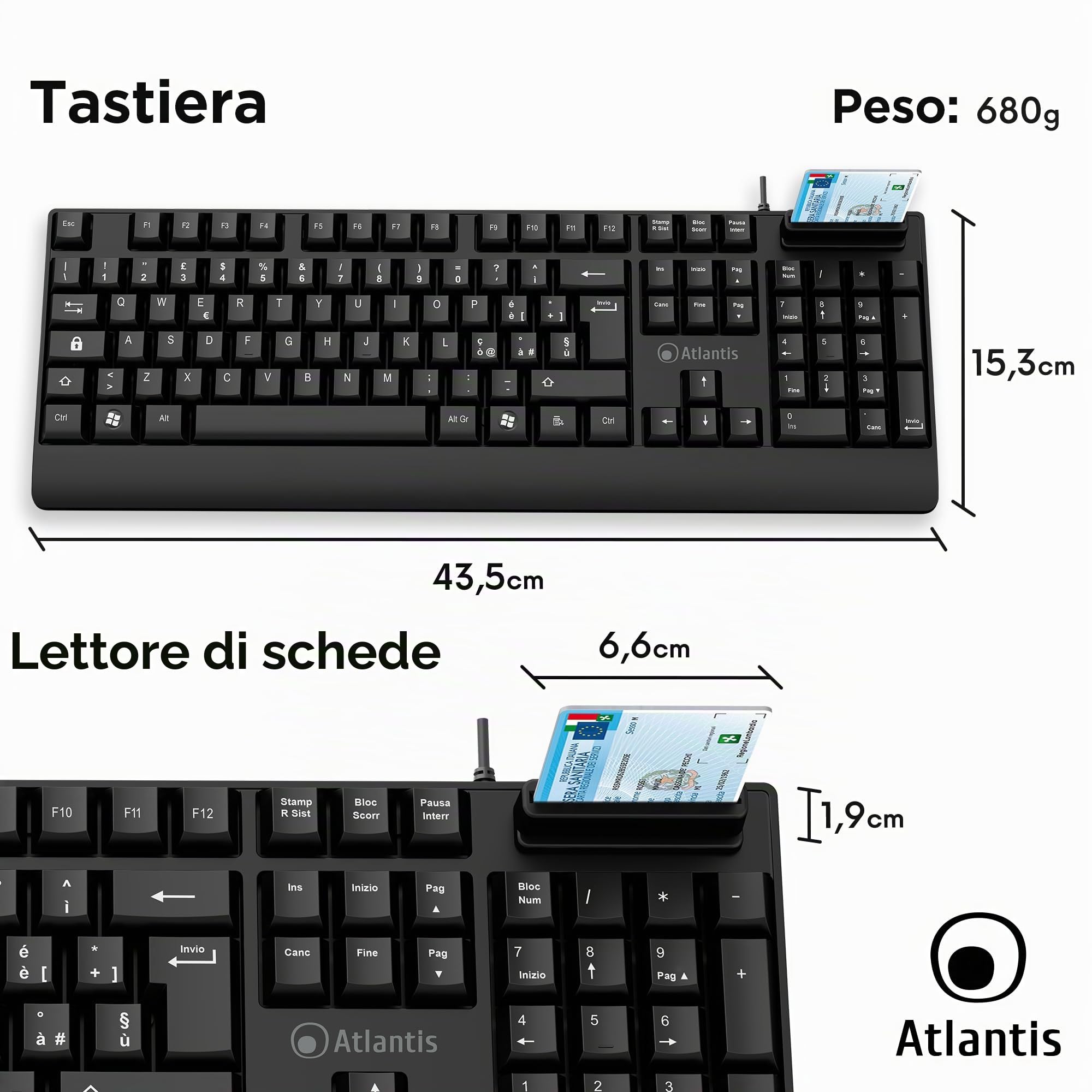 Atlantis Tastiera con lettore Smart Card integrato, italiana QWERTY | Per CNS, CRS, Tessera Sanitaria e firma digitale, USB con cavo 1,5 m, nero, cod. P013-K810S
