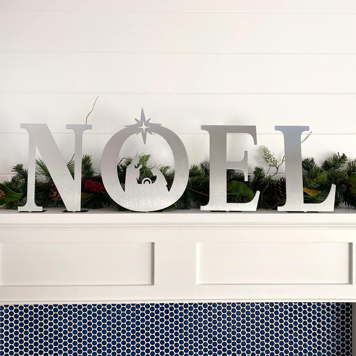 NOEL Nativity Set – 4-Piece Metal Christmas Décor | Standing Bethlehem Nativity Scene with Holy Family Silhouette | Modern Christian Holiday Decoration | Black, Gold, Silver, or White