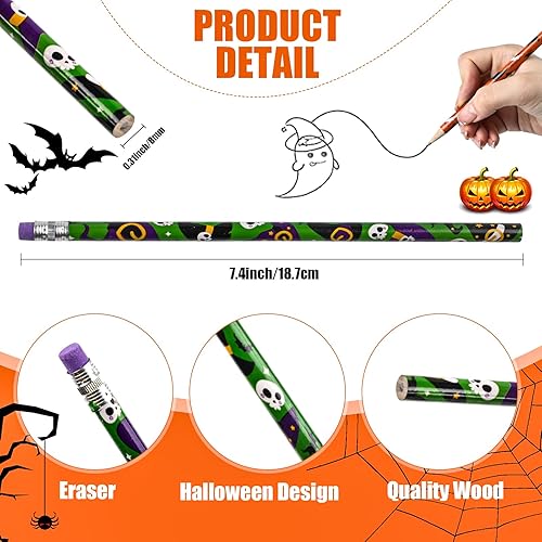 Miniatura 2 de LOMIMOS 120 lápices de Halloween a granel, madera colorida con borrador, 12 patrones de papelería para niños, regalo de dulce o truco, premio,