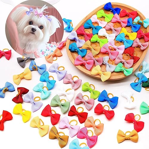 Miniatura 4 de 100 unidades (50 pares) lazo suave para perro con bandas de goma, lazo de pelo de color sólido para perro, lazo hecho a mano para perrito, cachorro,