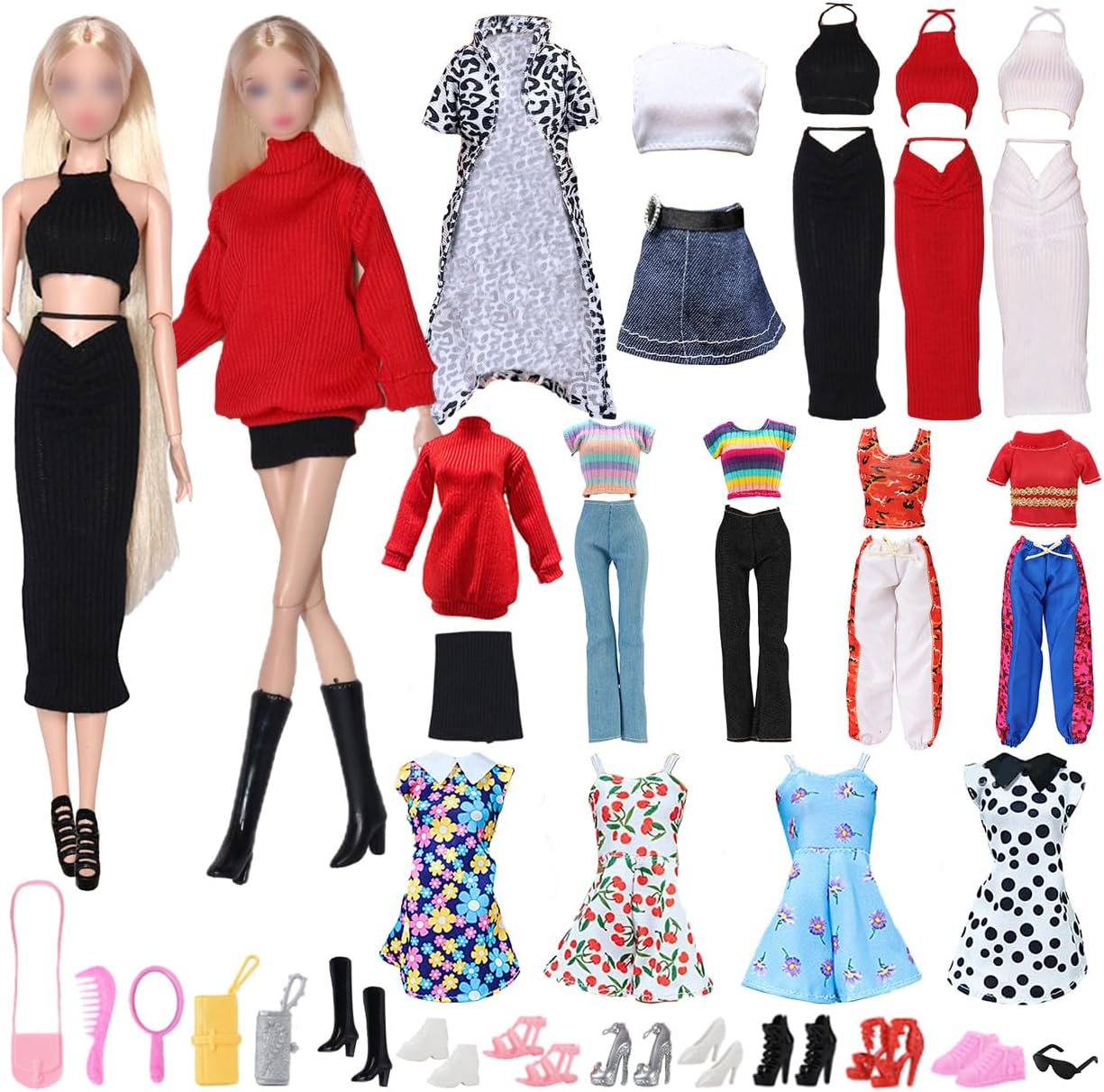 26Pcs Doll Clothes and Accessories Set, 2 Leopard Print Trench Coat Sweater S...