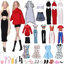 26Pcs Doll Clothes and Accessories Set, 2 Leopard Print Trench Coat Sweater Skirt Sets, 2 Dresses, 2 Long Pants Sets, 14 Accessories Random Style for 11.5 inch Girl Doll Gifts