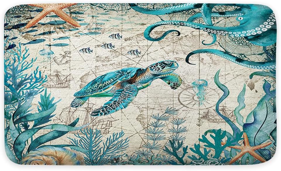 Sea Turtle Octopus Bath Mat, Blue Teal Ocean Beach Bath Rug, Underwater Jellyfish Coastal Nautical Bathroom Accessories Soft Non Slip Rug Sets for Bathroom Bedroom Kitchen Outdoor Indoor 17X29IN - Image 2