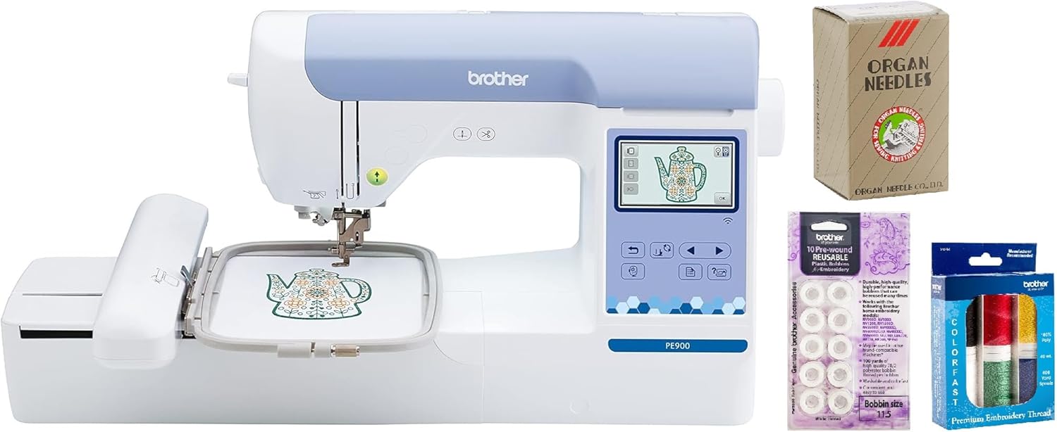 Brother PE900 Embroidery Machine with WLAN Premium Embroidery Thread 6 Spools, 75/11 Size Needles 100 Count, White Pre-Wound Bobbins 10 Count Included
