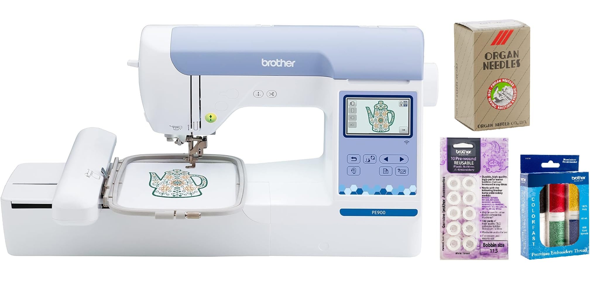 Brother PE900 Embroidery Machine with WLAN Premium Embroidery Thread 6 Spools, 75/11 Size Needles 100 Count, White Pre-Wound Bobbins 10 Count Included
