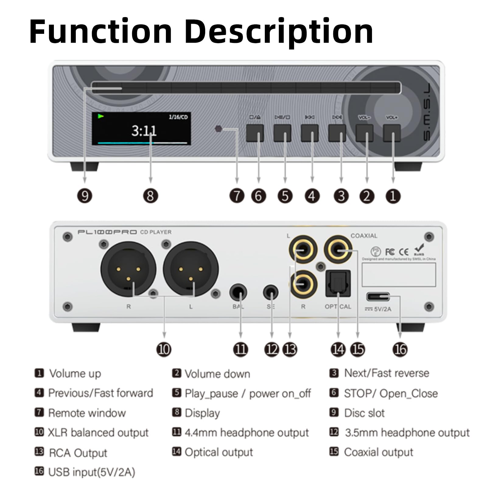 SMSL VMV PL100 PRO Reproductor de CD HiFi para el hogar, reproductor de CD para coche, chip Dual CS43131, decodificación MQA, preamplificador con RCA/XLR/3,5 mm/4,4 mm/salida digital óptica/coaxial