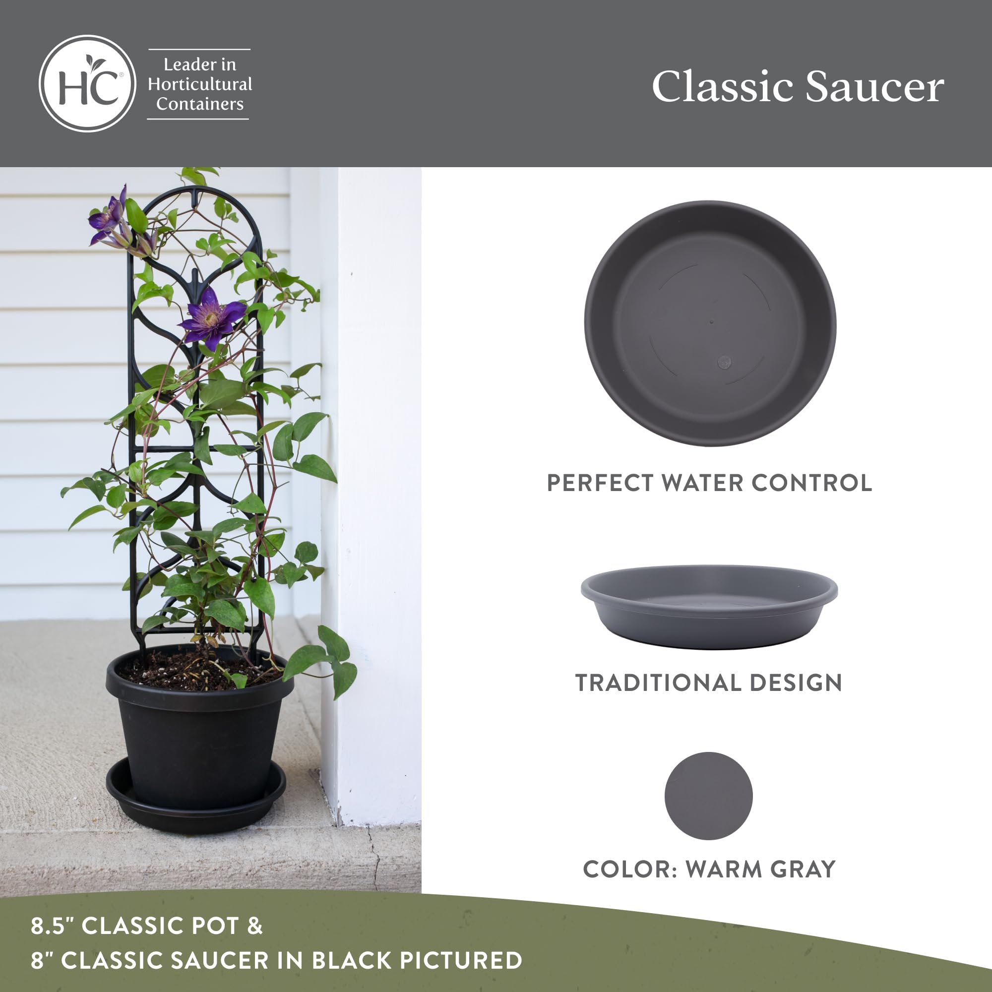 The HC Companies SLI06000A42T036LREFD Classic Round Plastic Plant Saucer, 6" (Pack of 4), Warm Gray - Image 2