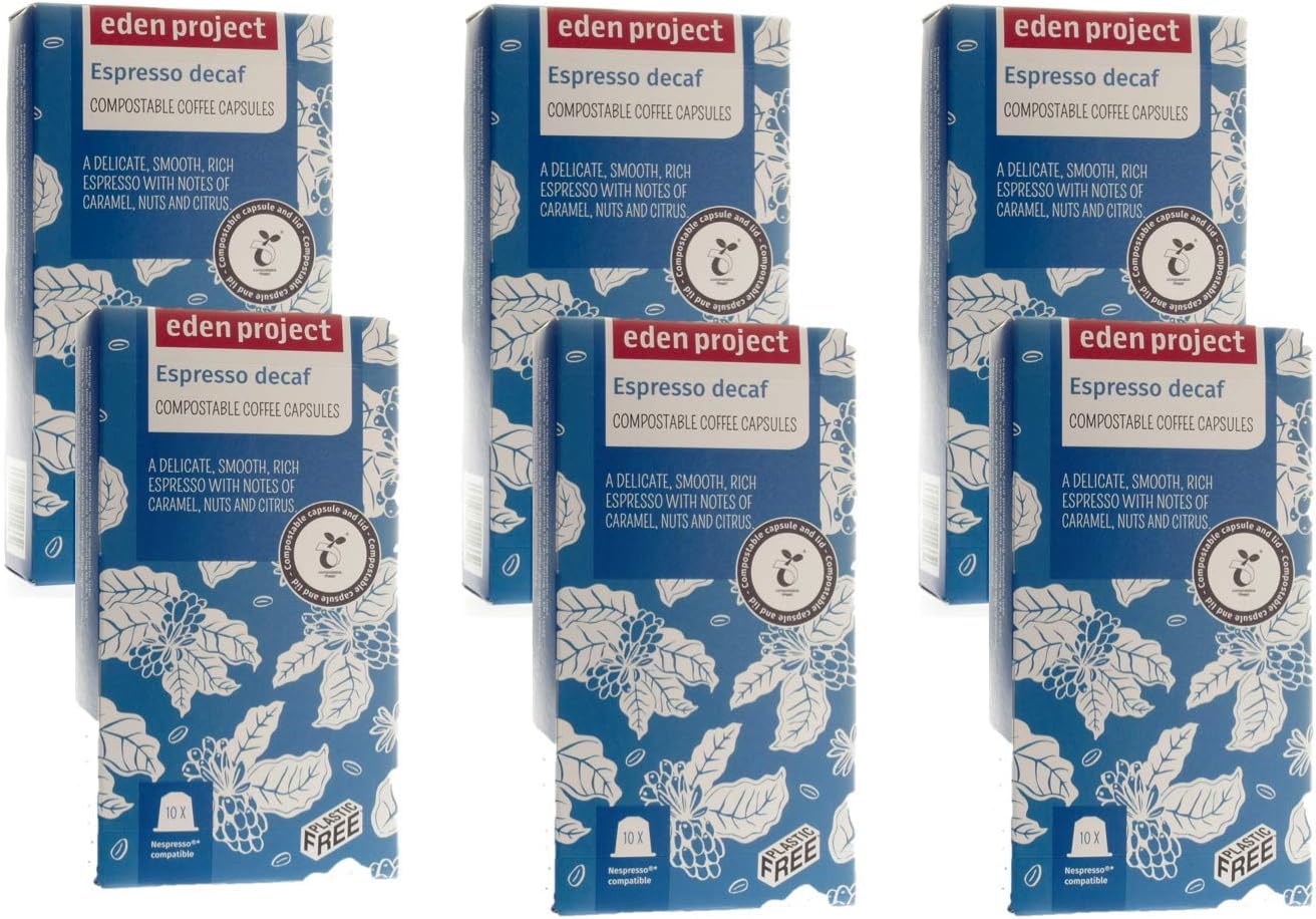 THE EDEN PROJECT 60 Decaf Italian Espresso Coffee Pods Compatible with Nespresso Original – Premium Arabica, Rainforest Alliance Certified, Climate Neutral, Home Compostable Capsules (6 x 10 Pack)