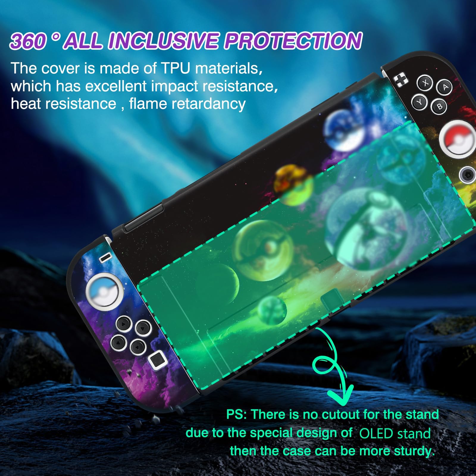 DLseego Funda para Switch OLED,Funda Protectora de TPU Compatible con Switch OLED Model, con 4 Fundas de Agarre para el Pulgar, Absorción de Impactos Anti-arañazos,Bolas de Duende OLED