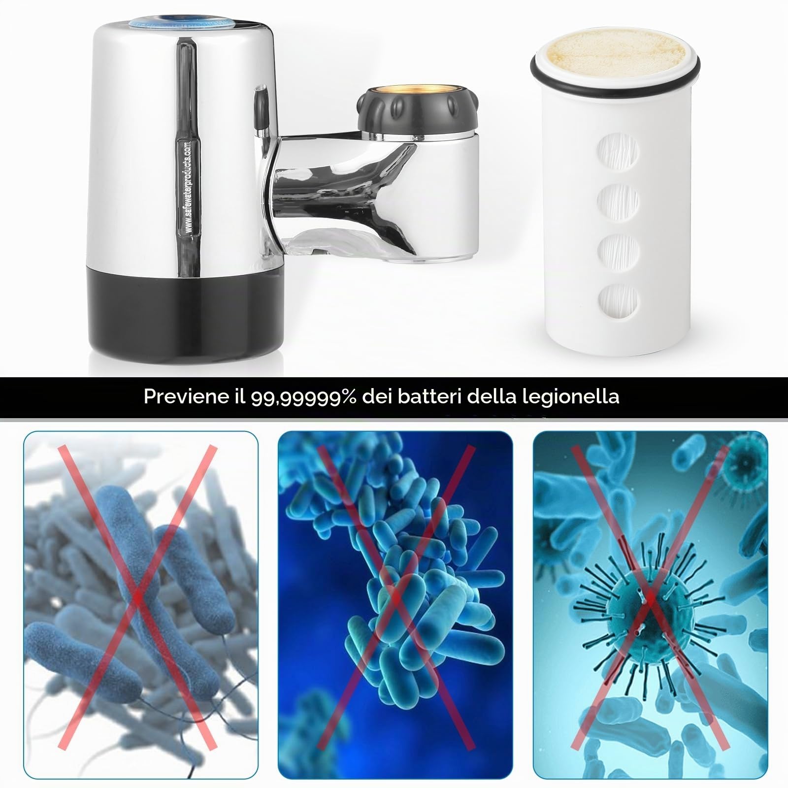 Filtro antilegionella per rubinetto, sistema di filtrazione dell'acqua, testato in laboratorio e certificato - Log 7 Riduzione (SS-885)