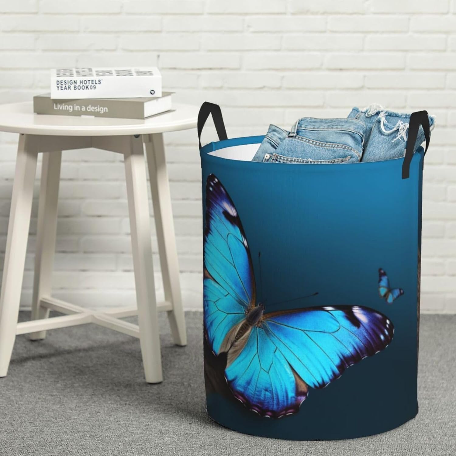 Beautiful blue butterfly print Circular Hamper Waterproof Storage Bin Organizer Basket Laundry Hamper With Handles For Clothes Toys Medium