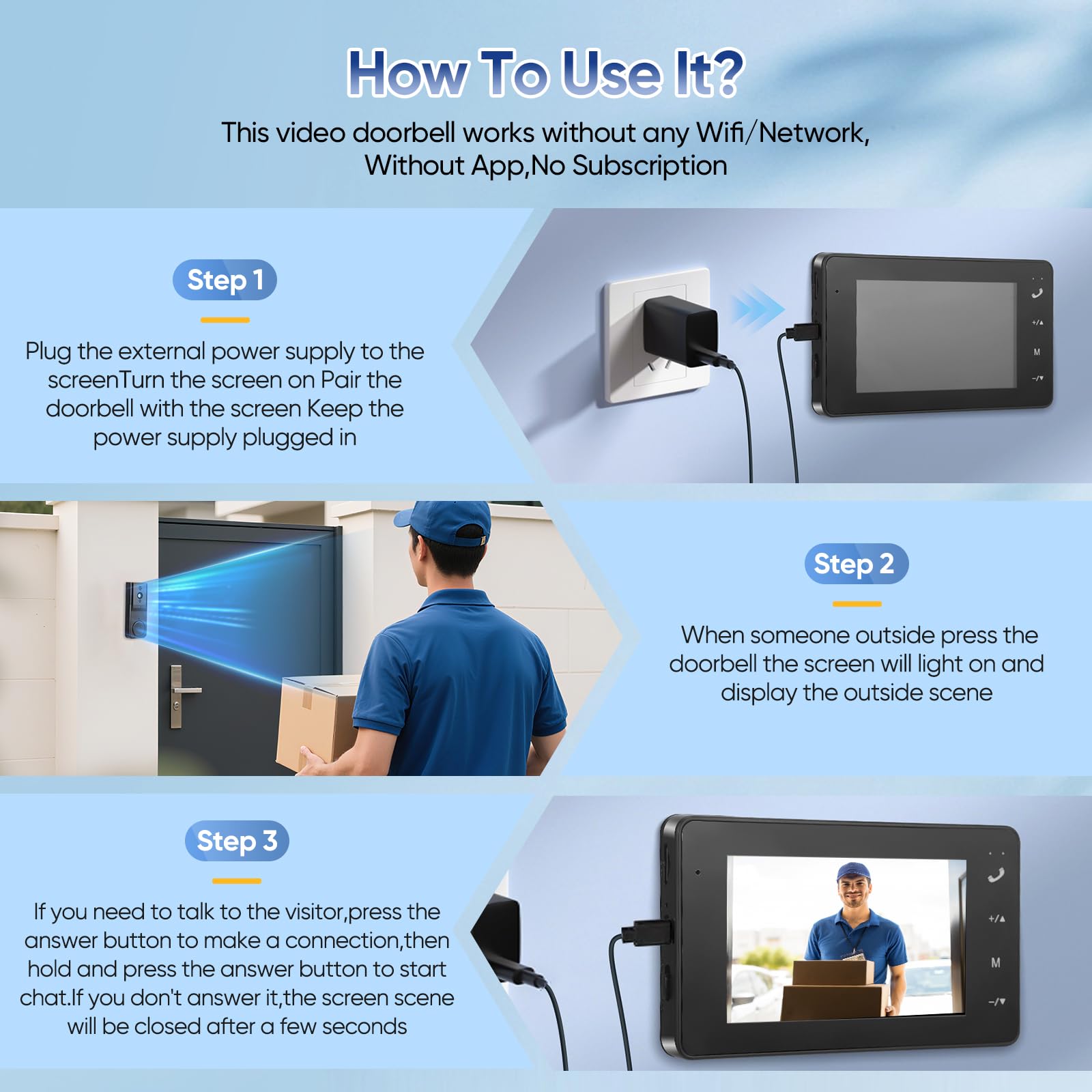 Sonnette sans Fil avec Camera, IP65 Visiophone sans Fil Exterieur Etanche, écran IPS de 4.3 1080P, Vision Nocturne, sans Abonnement, sans App, sans WiFi, Angle de Vision 80°