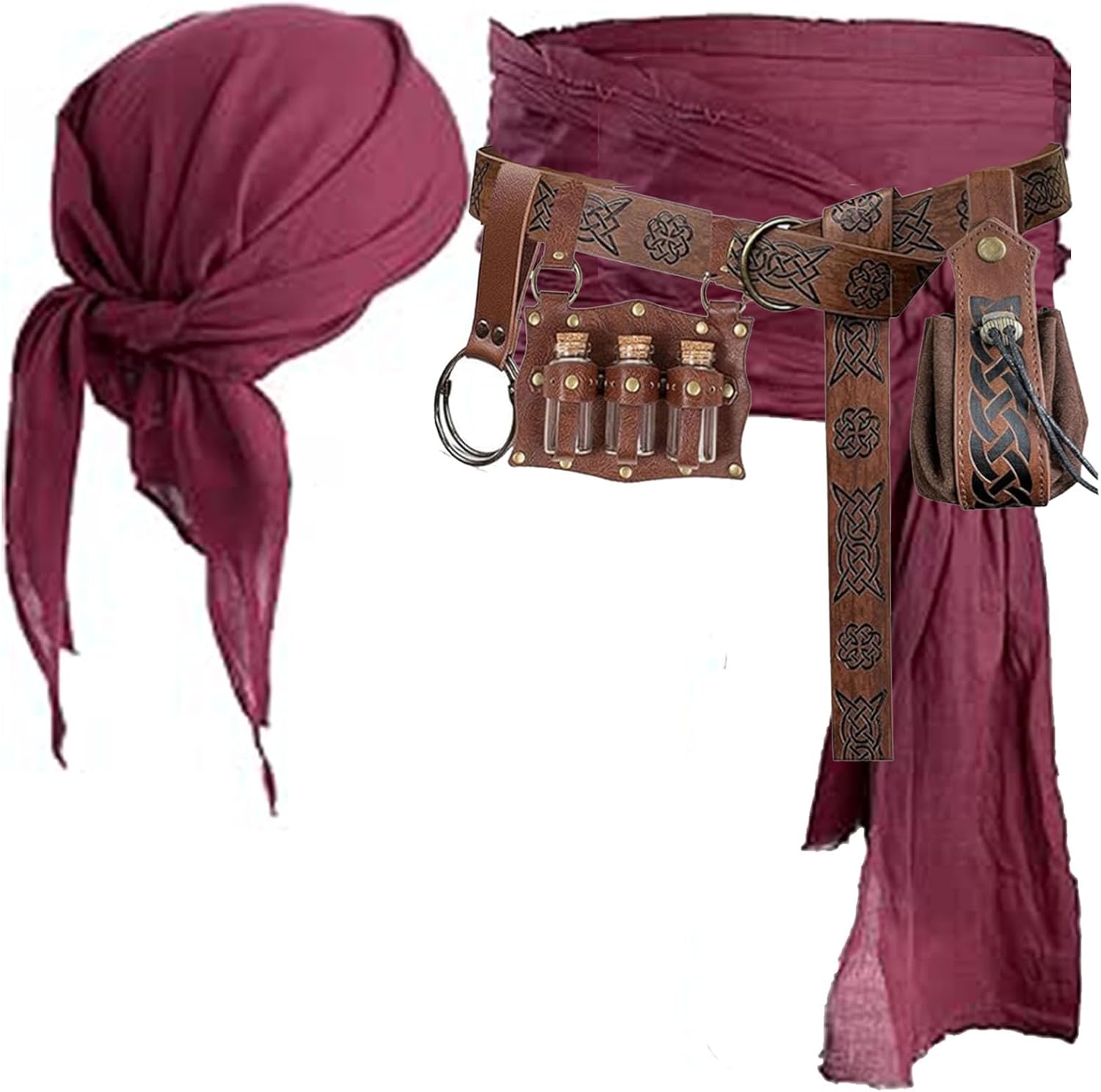 KOTORA Pirate Costume Pirate Head Scarf Bandanas Belt Waist Sash Medieval Belt Pouch Coin Purse Leather Hook Festival Sets