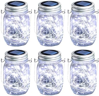 Mason Jar Solar Lights, 6 Pack 30 LEDs Fairy Lights with Jars and Hangers, IPX6 Waterproof Hanging Solar Lights Outdoor, Decorative Solar Lanterns for Garden Fence Patio Wedding