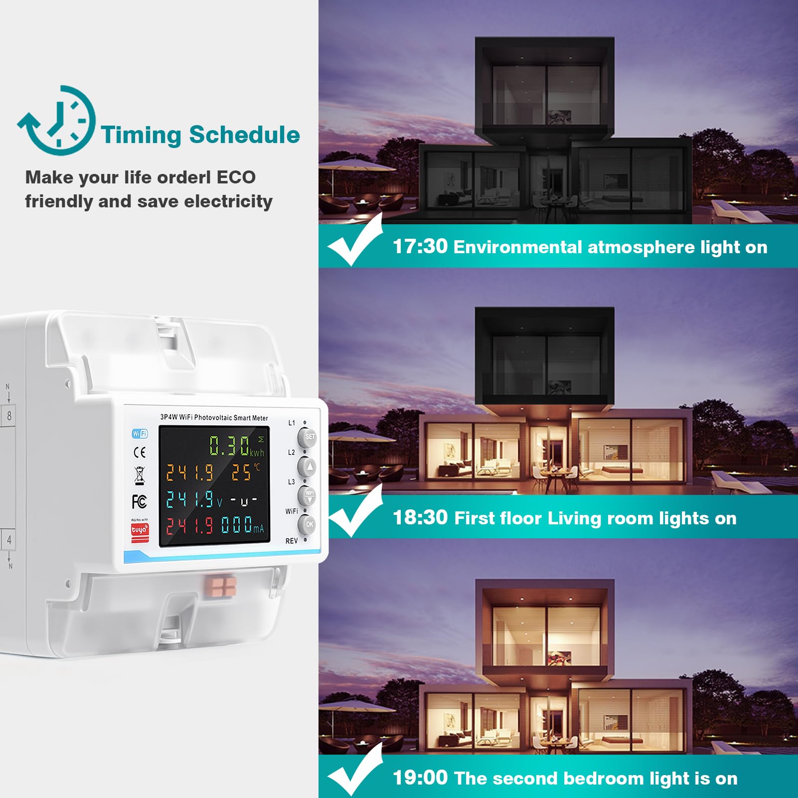 Licznik prądu 3-fazowego 100 A 380 V AC licznik prądu trójfazowego Smart Meter WLAN, licznik dwukierunkowy ze sterowaniem czasem/zbyt niskim napięciem/nadprądem/trójfazową niesymetrią / utratą fazy